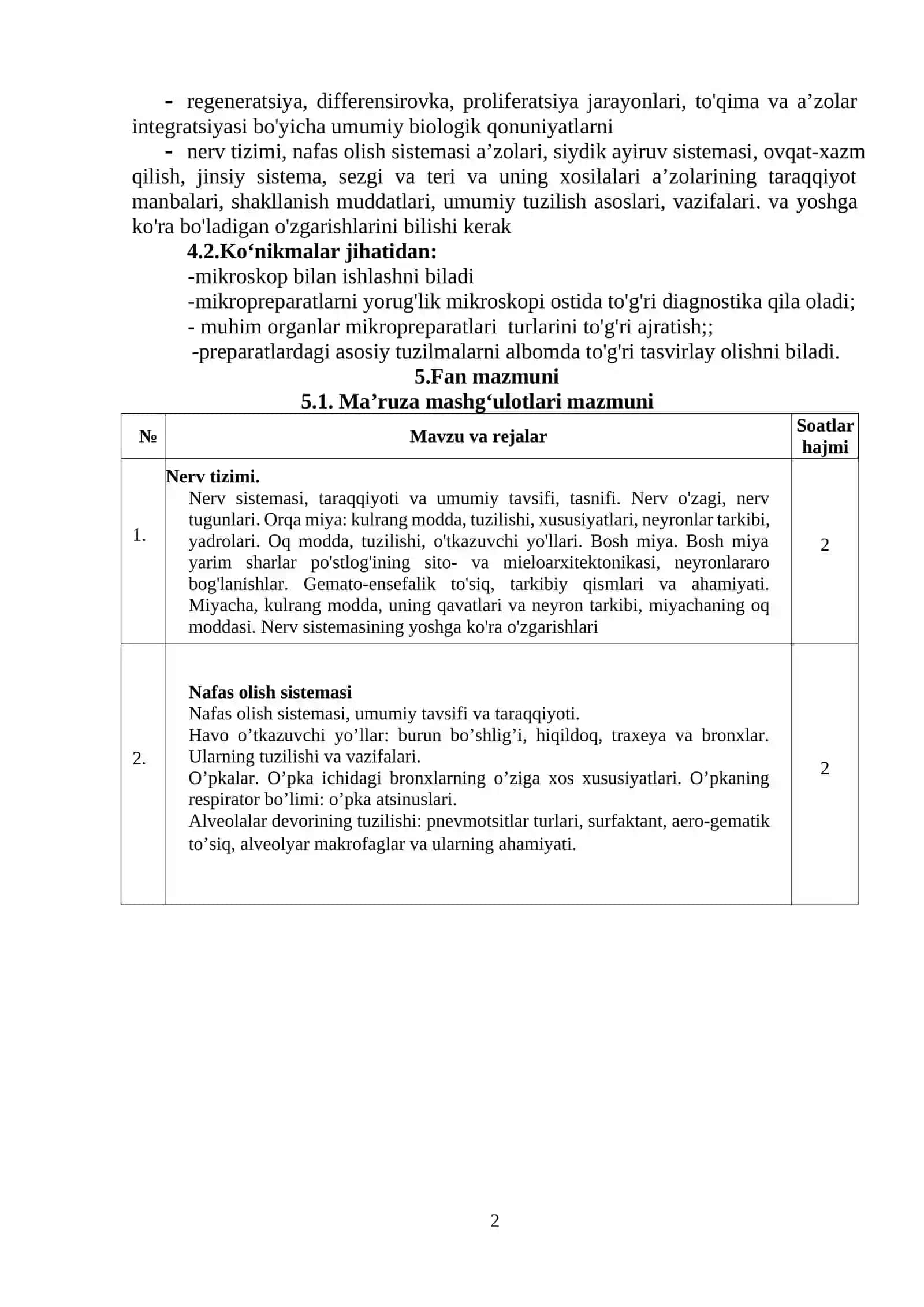 GISTOLOGIYA, SITOLOGIYA, EMBRIOLOGIYA FANI BO‘YICHA SILLABUS 2
