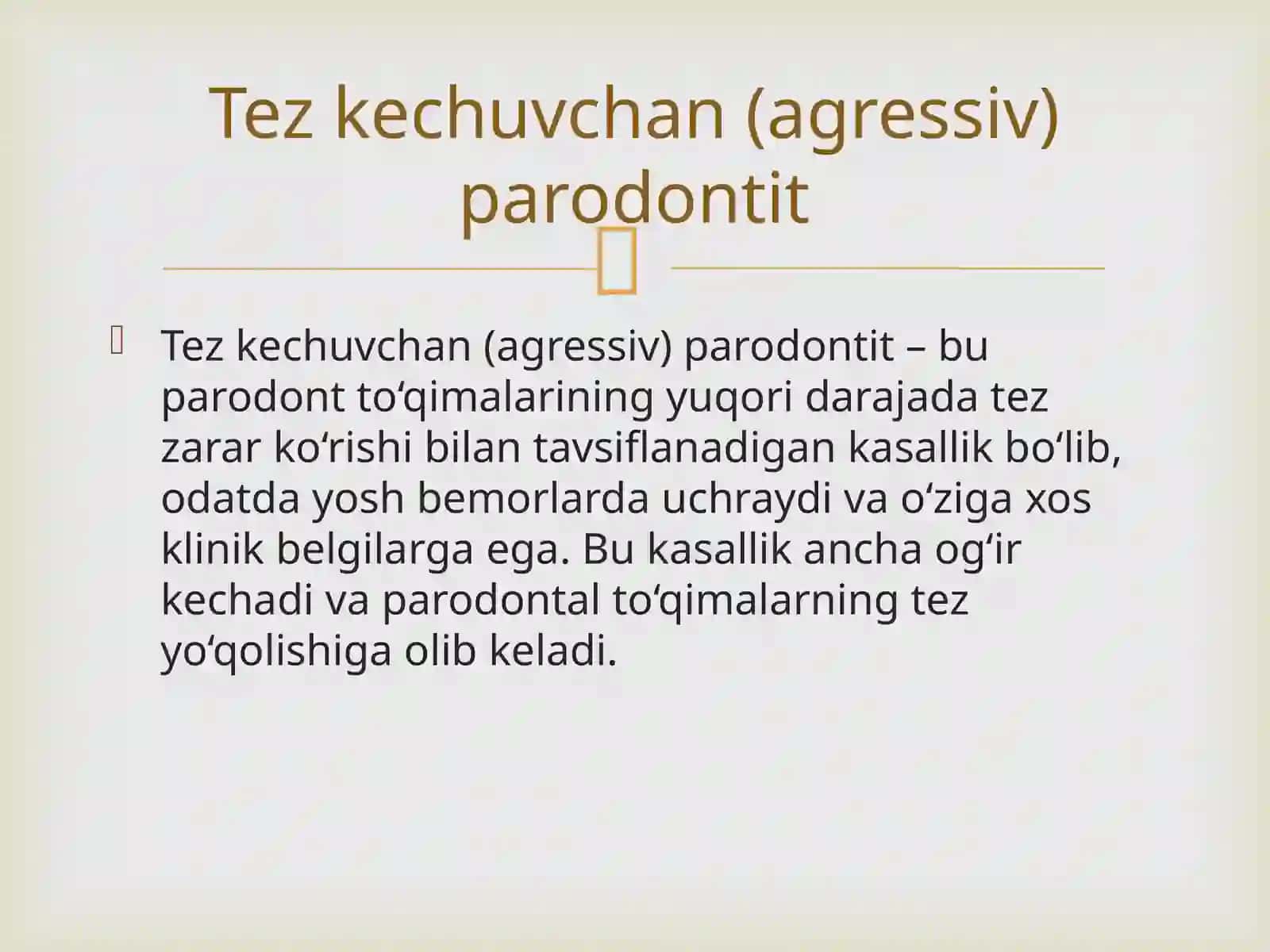 Tez kechuvchan parodontitlar.Endoparodontal shikastlanishlar.Klinikasi qiyosiy tashxisi 2