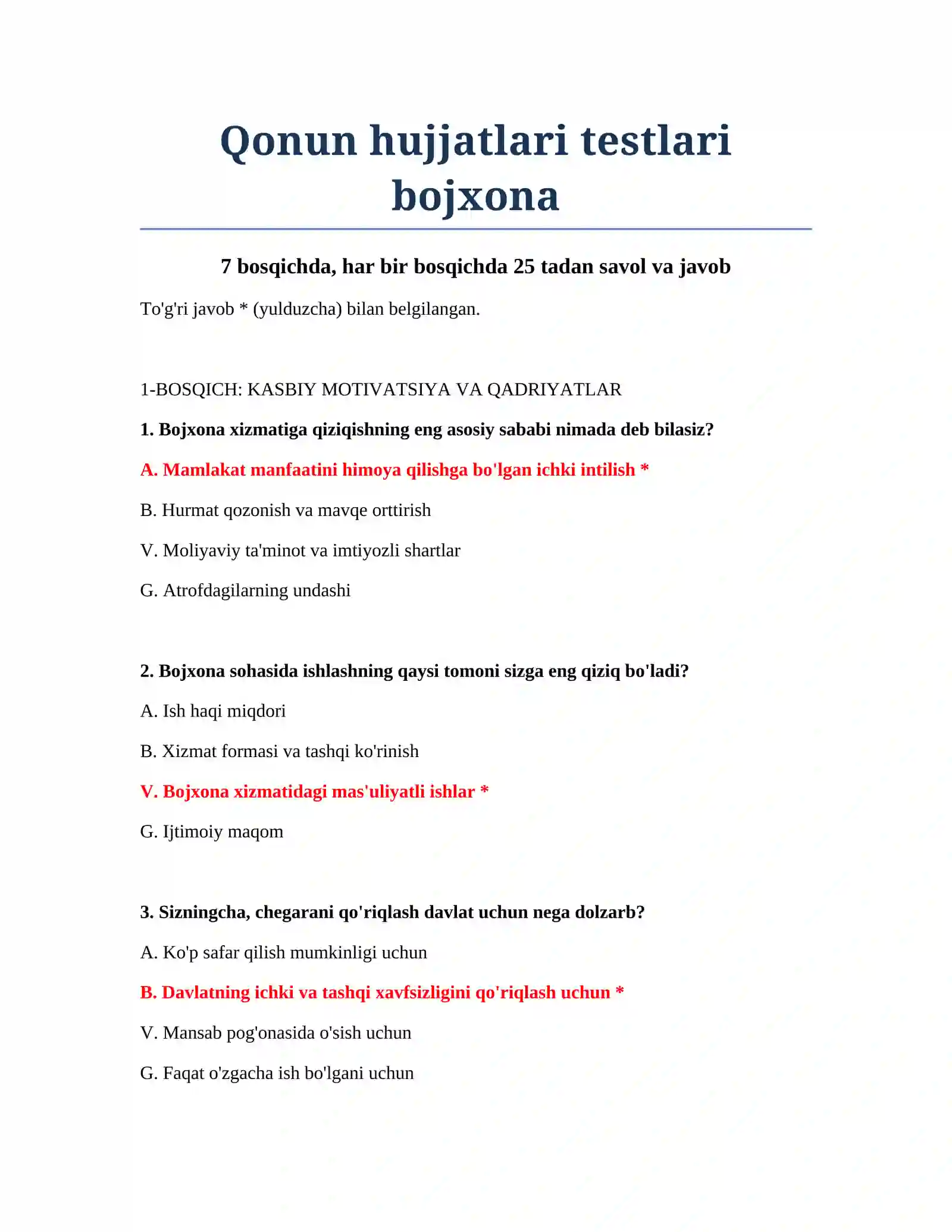Qonun hujjatlari testlari bojxona 2