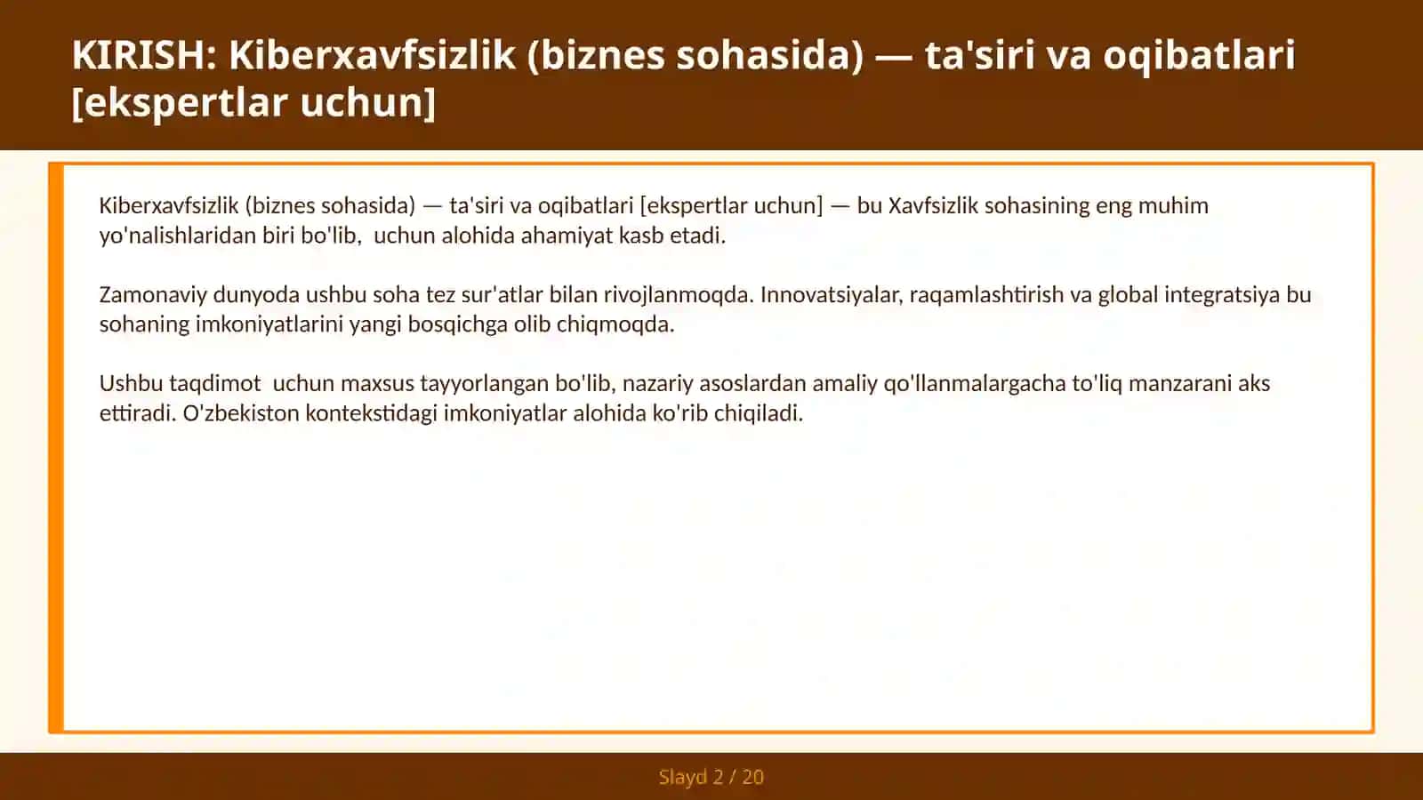 KIBERXAVFSIZLIK (BIZNES SOHASIDA) — TA'SIRI VA OQIBATLARI [EKSPERTLAR UCHUN] 2