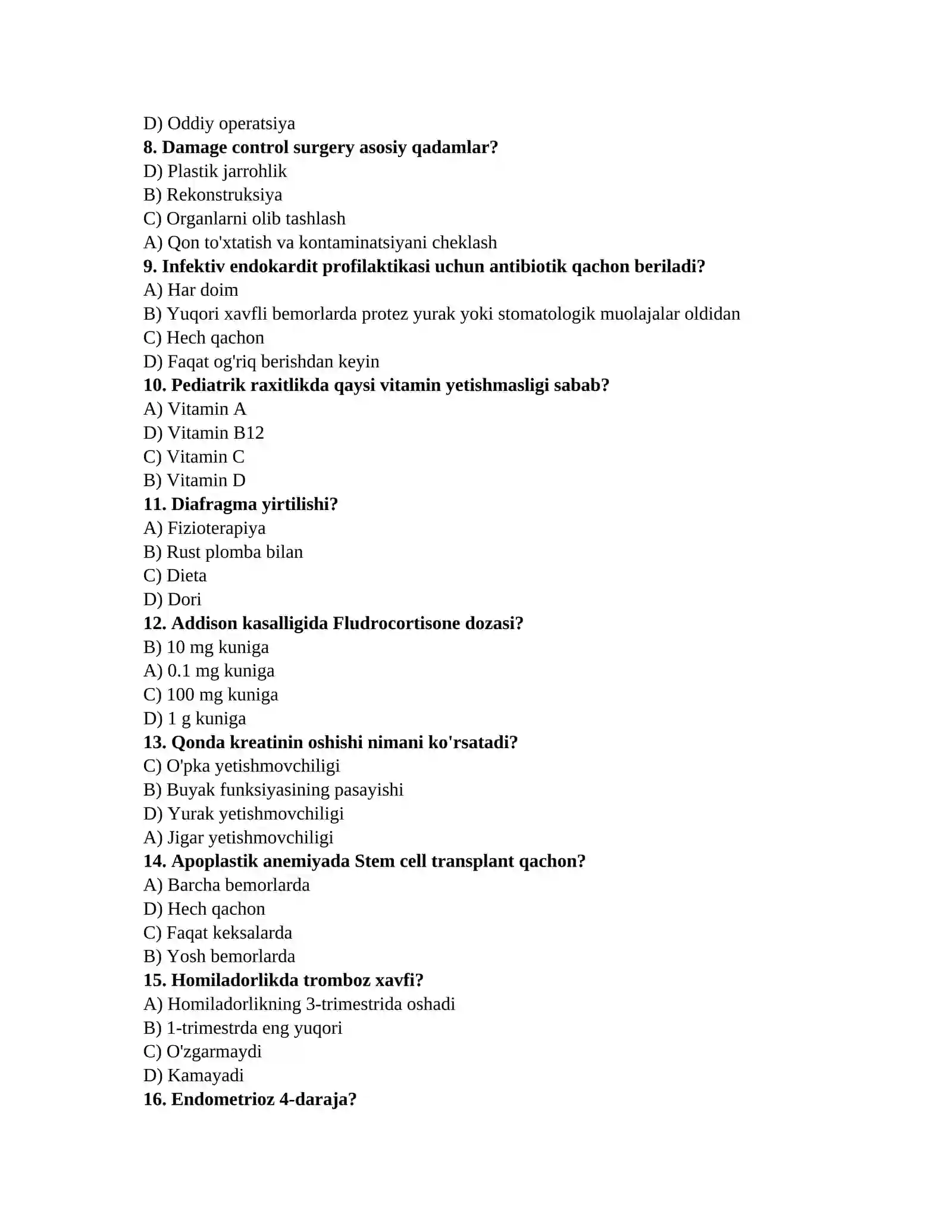 Shifokorlik imtihoni testlari 2