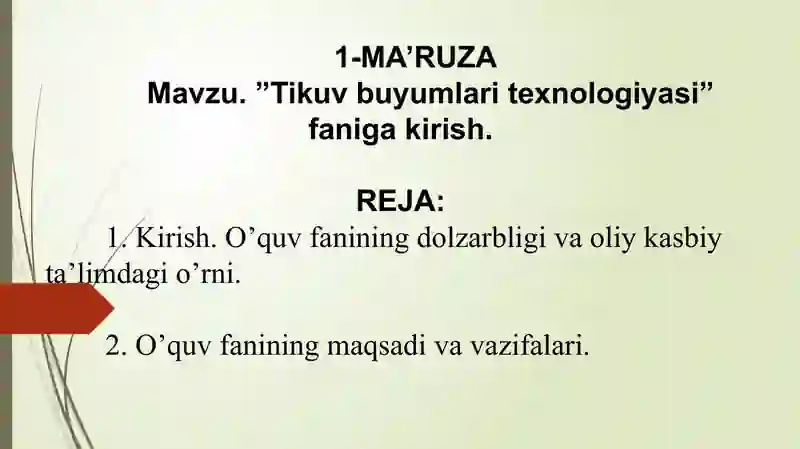 Tikuvbuyumlaritexnologiyasi fanidan Ma`ruza mashg`ulotlari 2