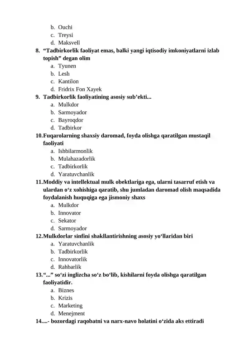 Tadbirkorlik asoslari fanining predmeti mavzusidan testlar 2