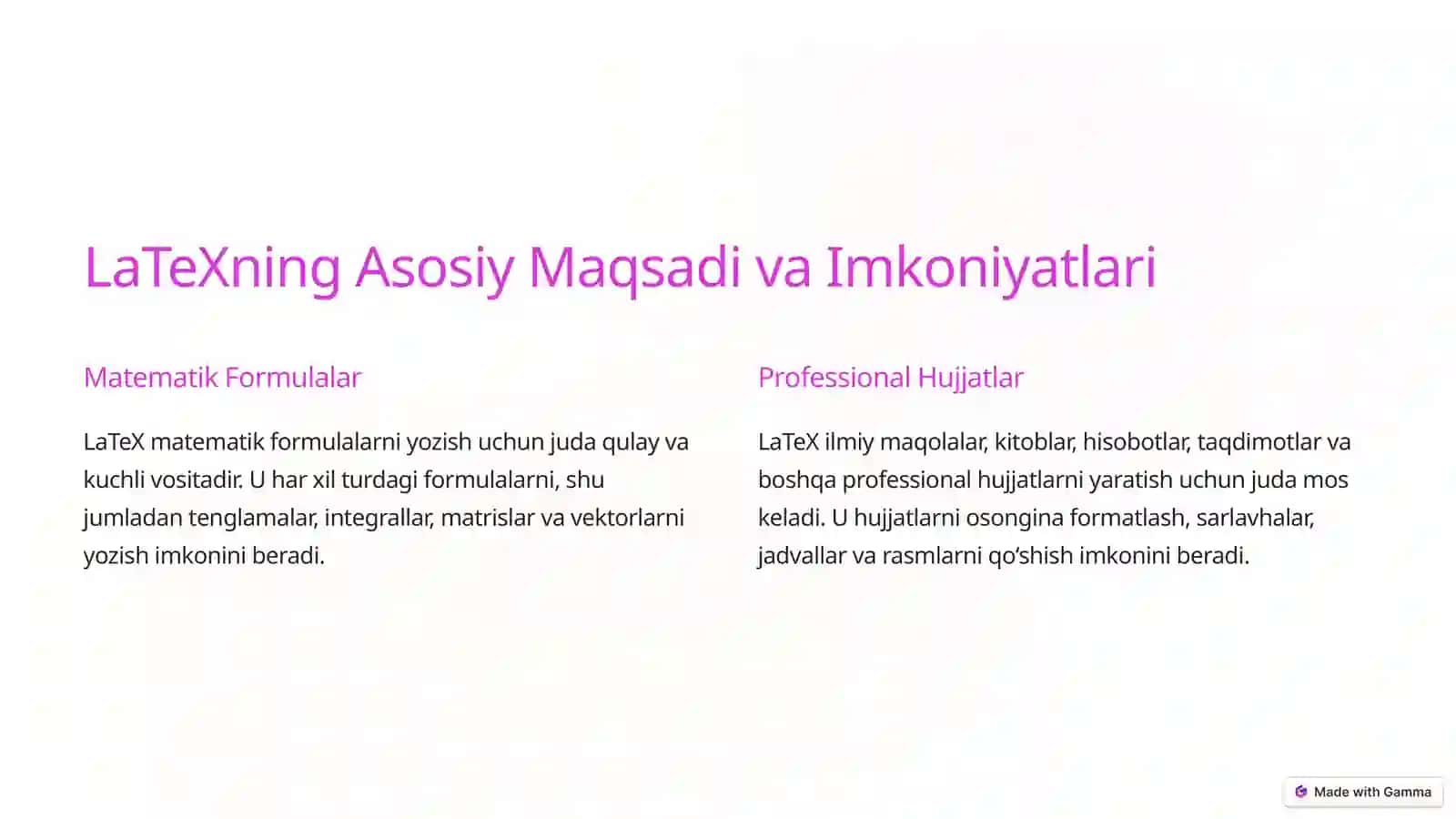 LaTeXning Asosiy Maqsadi va Imkoniyatlari 2