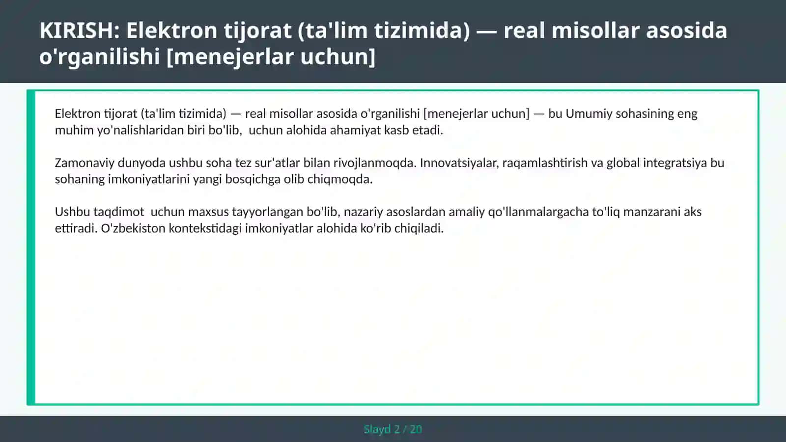 Elektron tijorat (ta'lim tizimida) — real misollar asosida o'rganilishi [menejerlar uchun] 2
