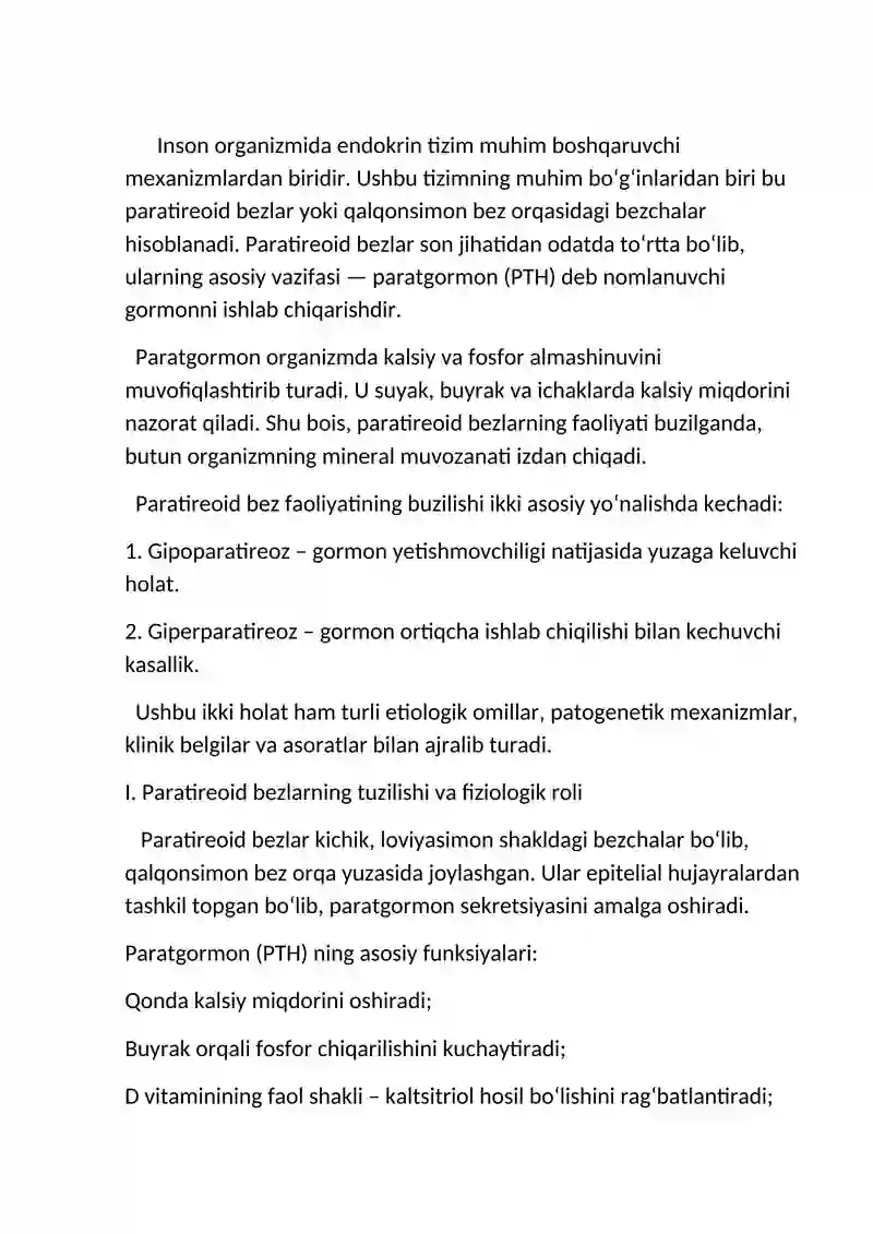 Parateriod bezi kasalliklari. Gibi- va giperparateriodizm ( etilogiyasi patogenezi, klinikasi, tashxislash, qiyosiy tashxisqo'yish, davolash 2