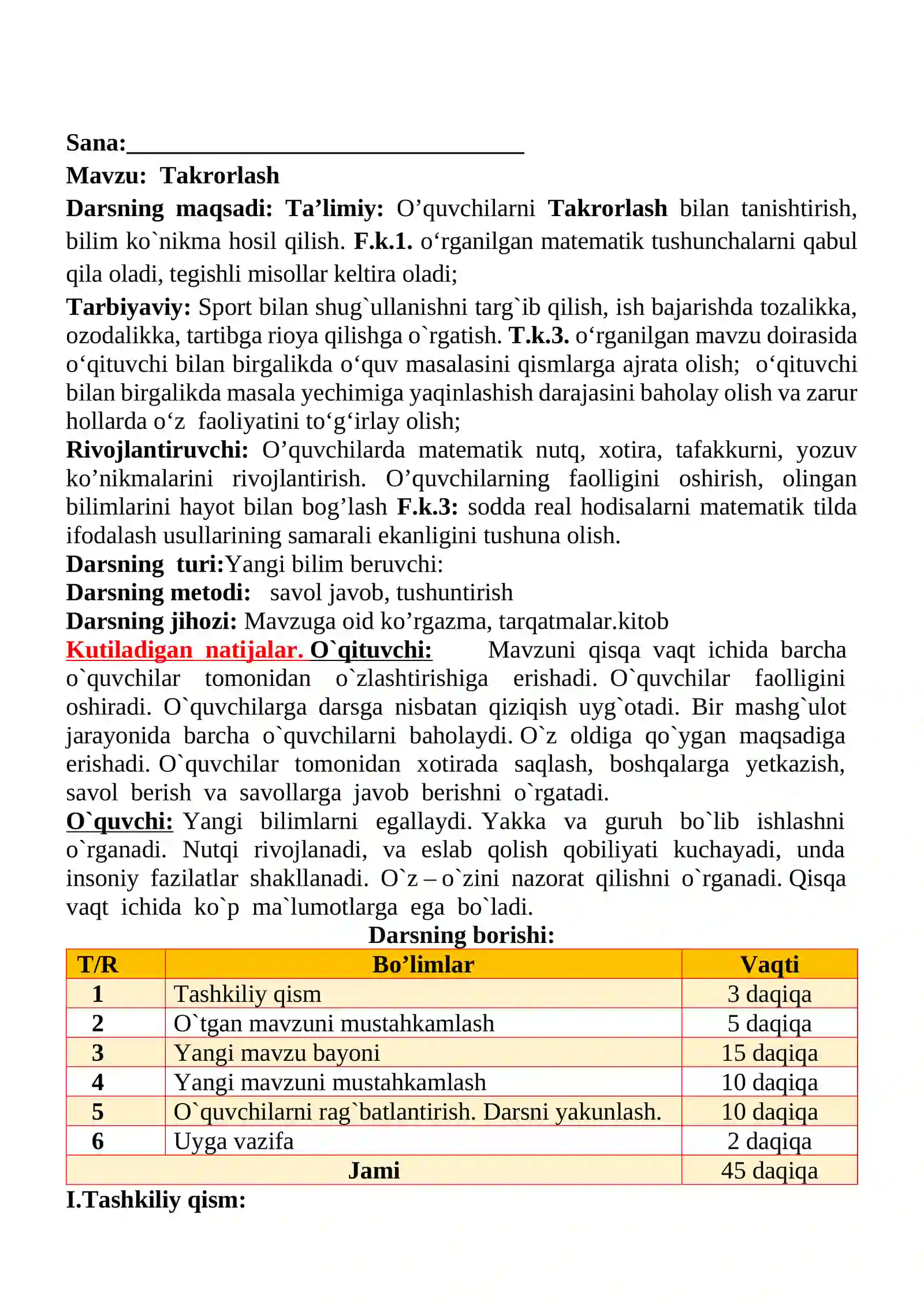 Takrorlash mavzusida 3-sinf Matematika fanidan dars ishlanmasi 2