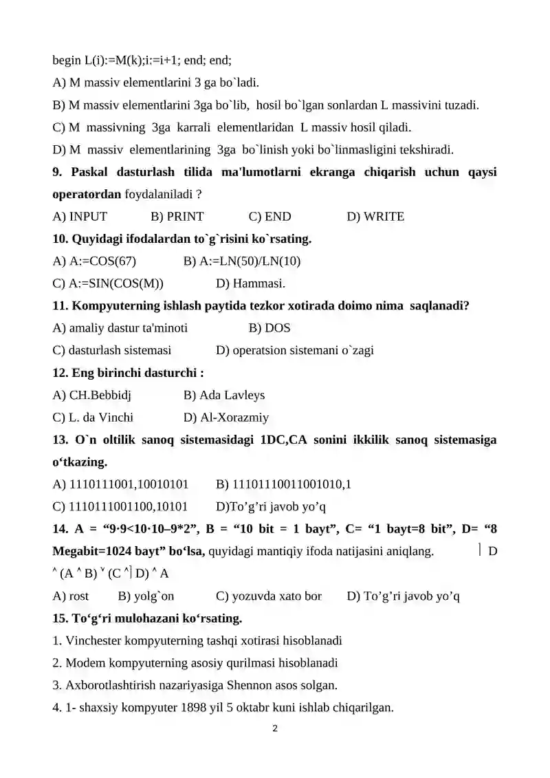 Informatika testlar 2
