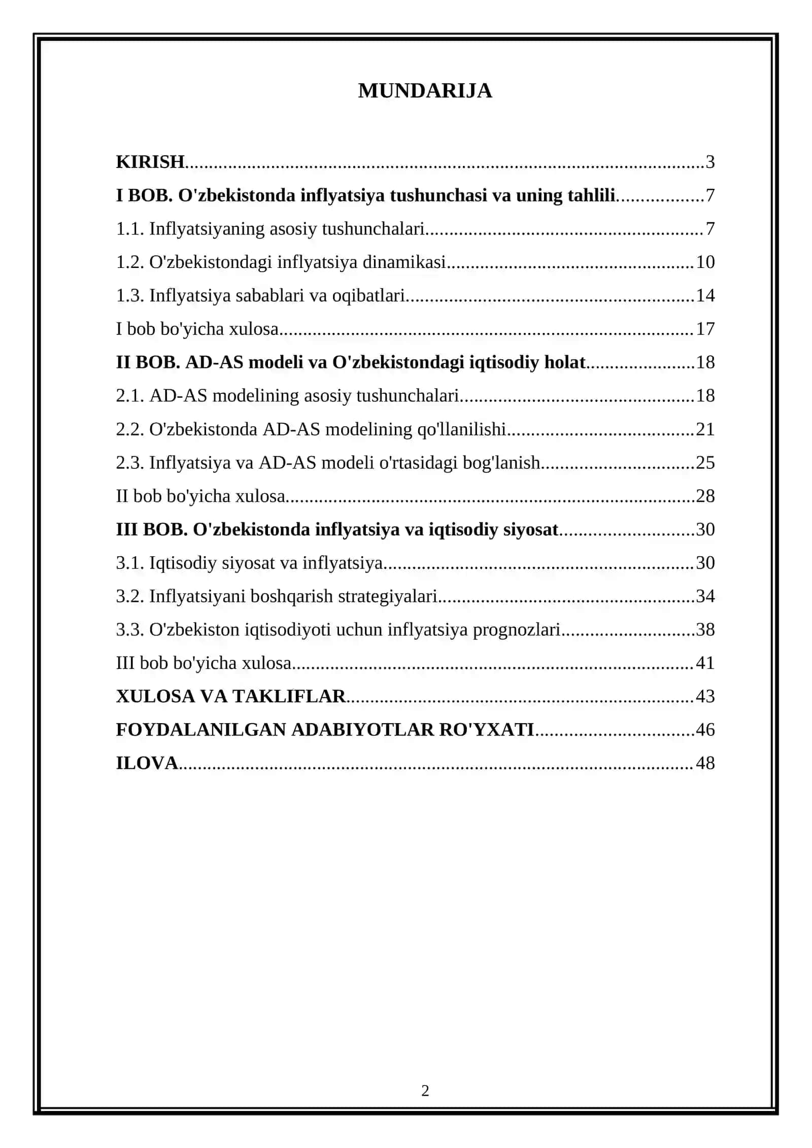 «O'zbekistonda inflyatsiya dinamikasi va AD-AS modeliga mosligi» KURS ISHI 2