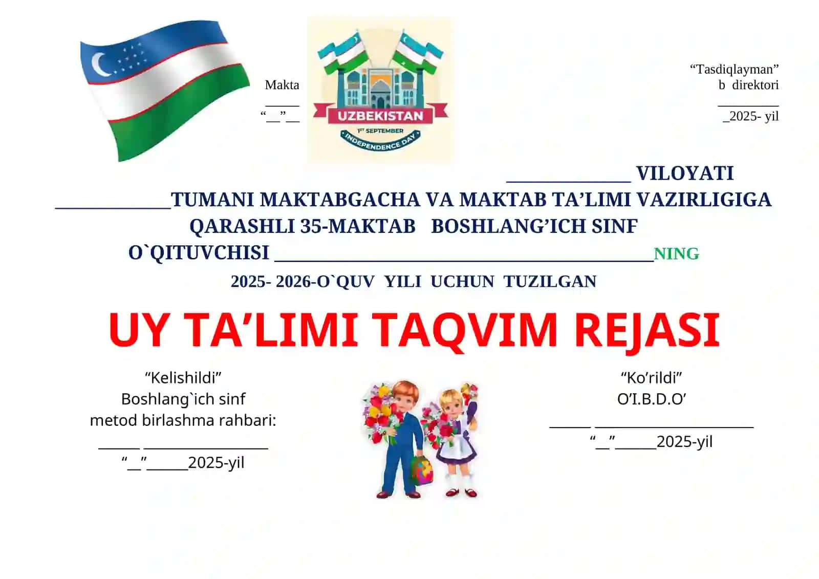 Uy ta'limi taqvim rejasi 2025-2026-o`quv yili 2