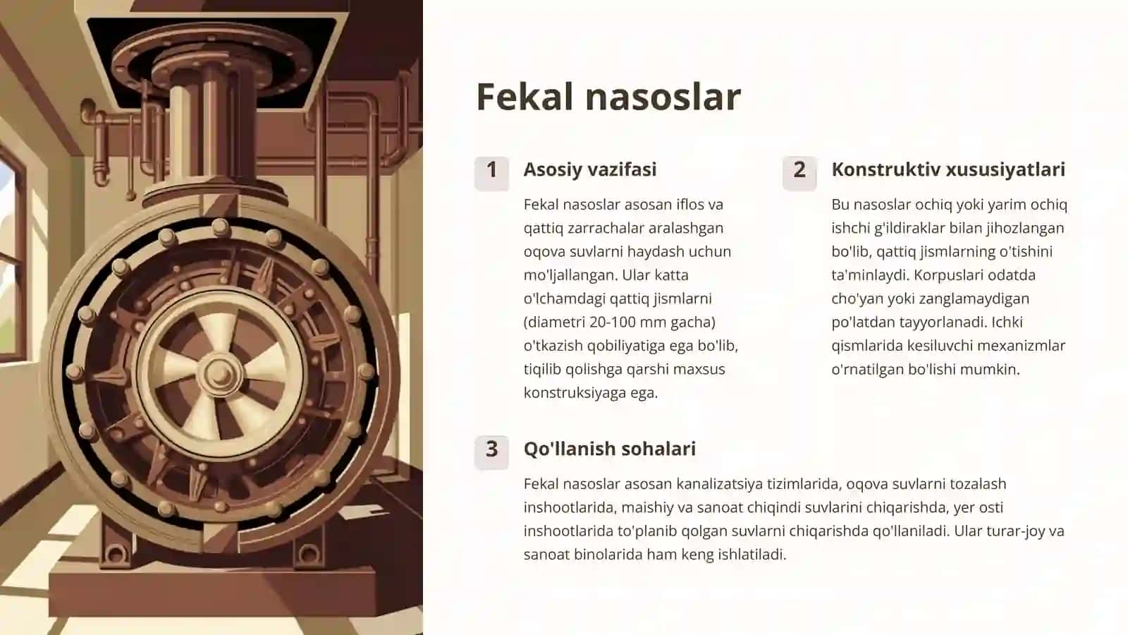 Fekal, loyqa va qum haydovchi nasoslar: Konstruksiyalari va qo'llanish sohalari 2