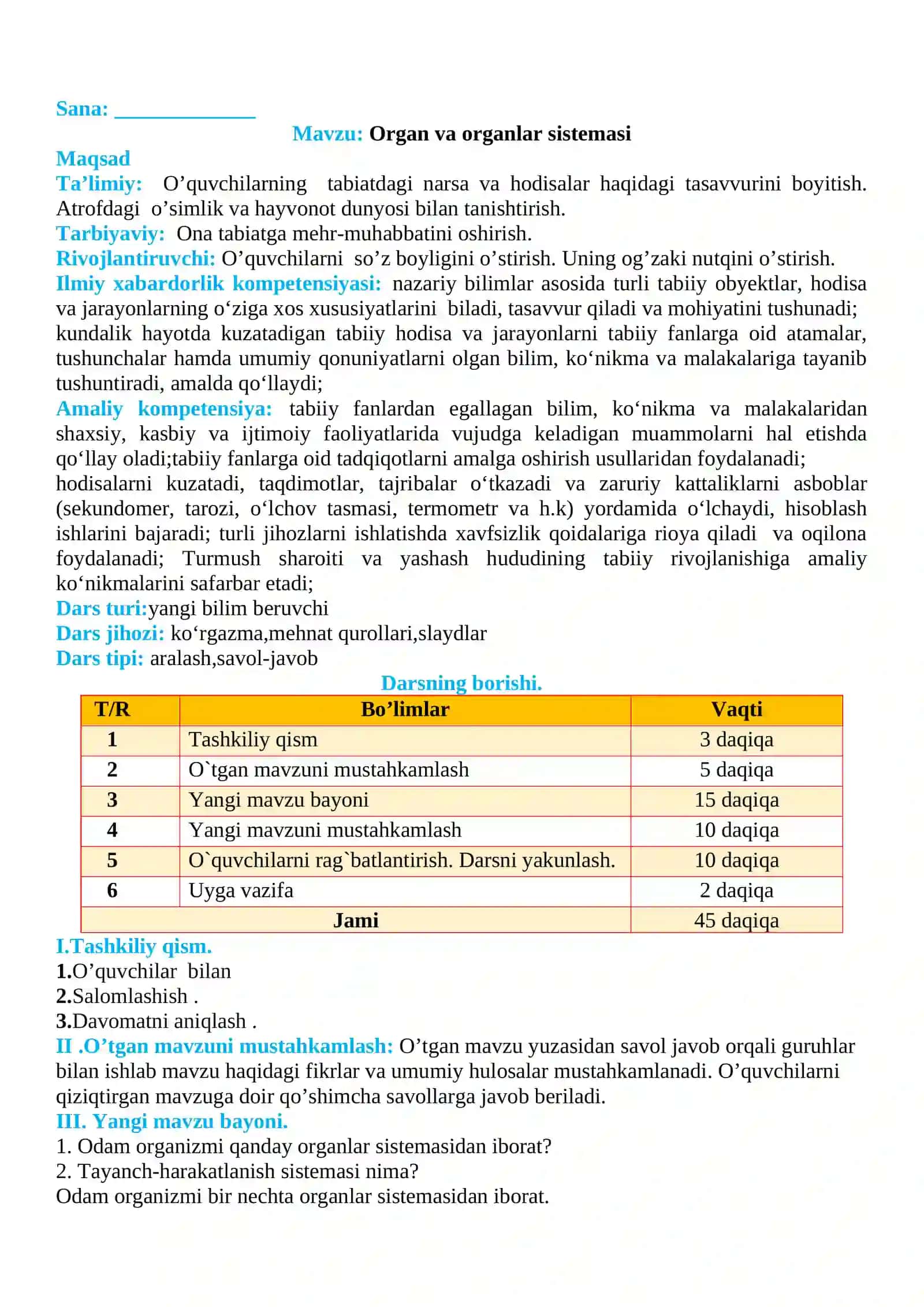 3-sinf Tabiiy fan (Science) Organ va organlar sistemasi dars ishlanma 2