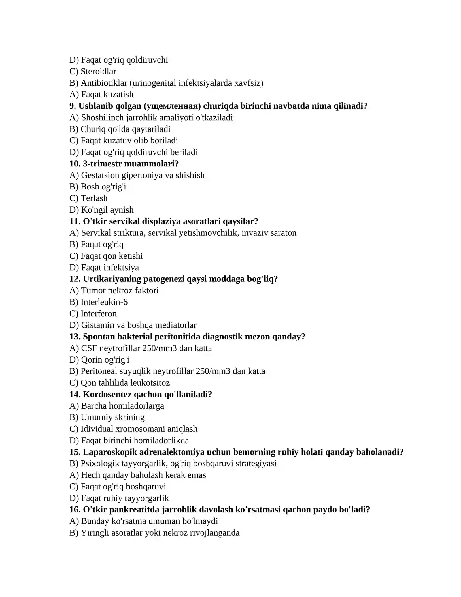 Mutaxassislik imtihon savollari (Terapiya, Jarrohlik, Akusherlik-ginekologiya) 2