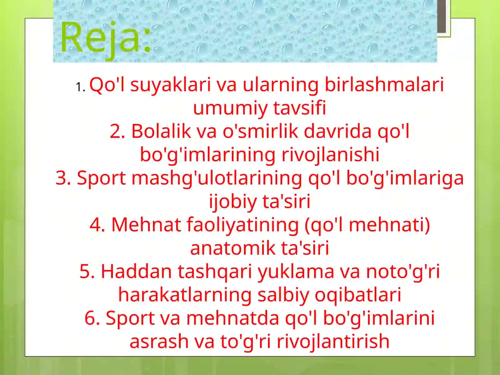 SohobiddinovNodirbekning Anatomiyafanidan,,Qoʻlsuyaklaribirlashmalaririvojlanishigasportvamehnatningtaʼsiri‘’ 2