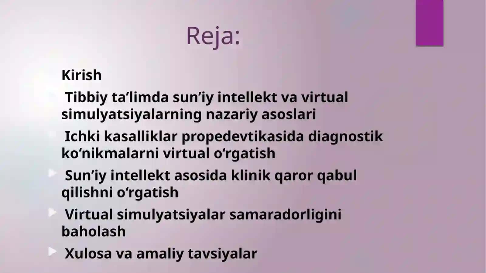 Sun`iyintellektyordamidata`limmaqsadlaridatalbalarnivirtualo`qitishdasimulyatsiyalaryordamidaorqalidiagnostikko`nikmalarnio`rgatishvaklinikqarorlarqabulqilish 2