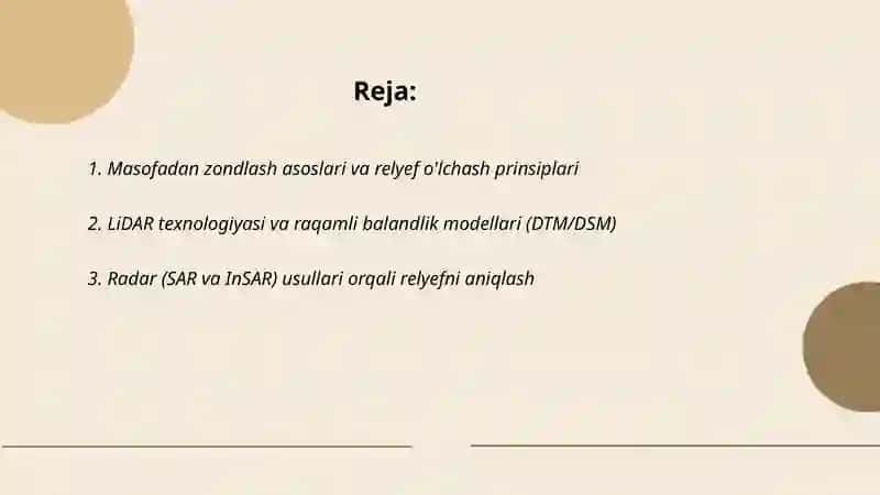 Masofadan zondlash yordamida Yer yuzasi relyefini, ularning o'lchamlarini va tiplarini aniqlash 2