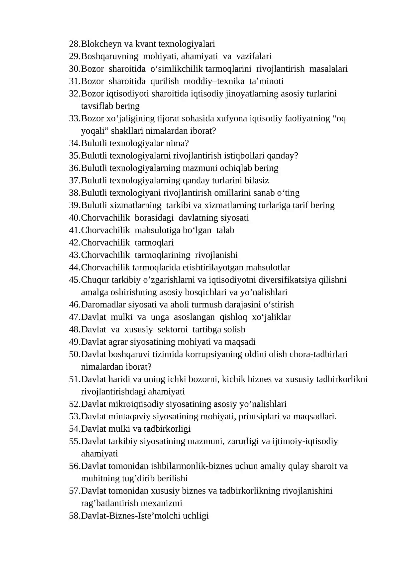 Iqtisodiyot (tarmoqlar va sohalar bo‘yicha) ta’lim yunalishi bitiruvchilarning Yakuniy davlat attestatsiya savollari 2