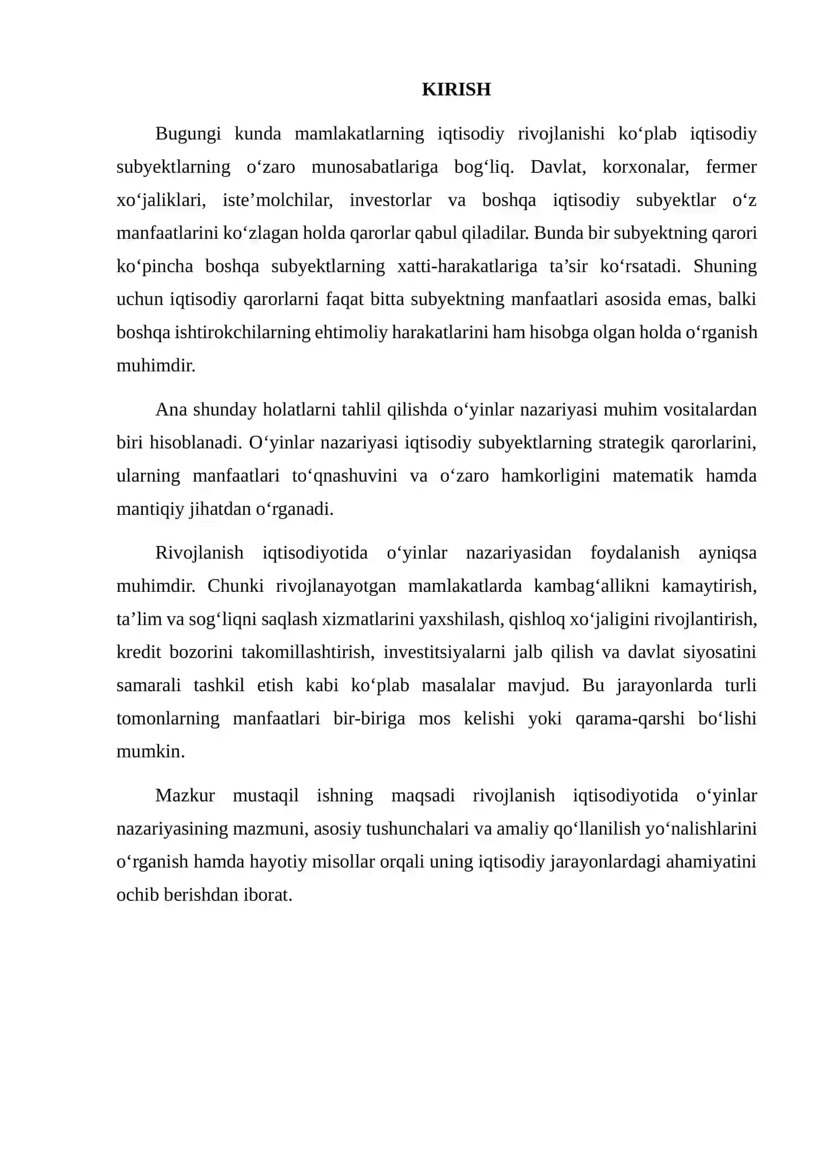 RIVOJLANISH IQTISODIYOTIDA O‘YINLAR NAZARIYASINING QO‘LLANILISHIGA OID AMALIY MISOLLARNI O‘RGANISH 2