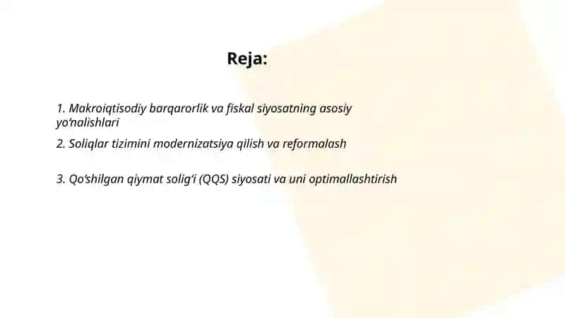 O‘zbekiston Respublikasining yaqin va o‘rta istiqboldagi byudjet-soliq siyosatining asosiy yo‘nalishlari 2
