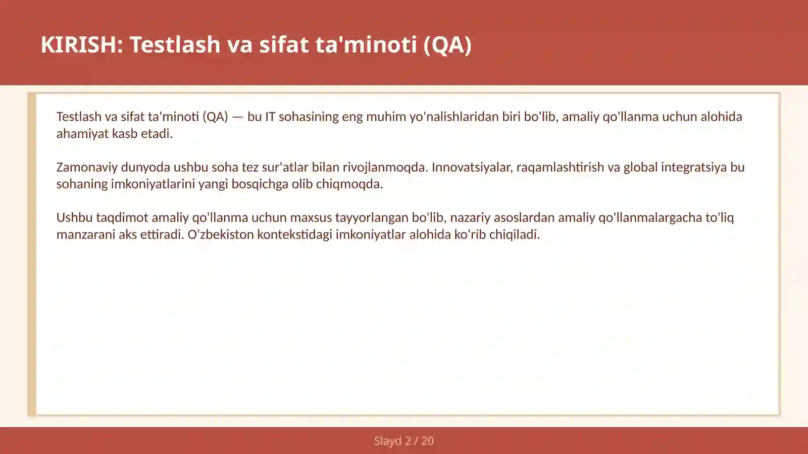 Testlash va sifat ta'minoti (QA) 2