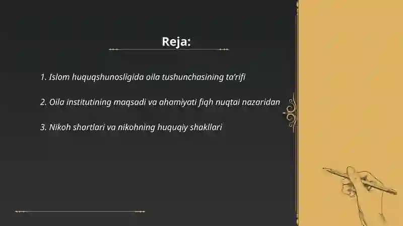 Islom huquqshunosligida oila, taloq, idda, zohir tushunchalarini taʼriflash va taqdimot tayyorlash 2
