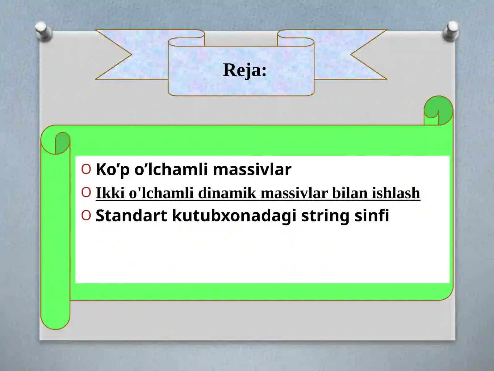 Standartfunksiyalarva operatorlar(shartli operatorlar, tanlash operatorlari, massiv operatorlari, massivlar, tuzilmalar va protseduralar) 2