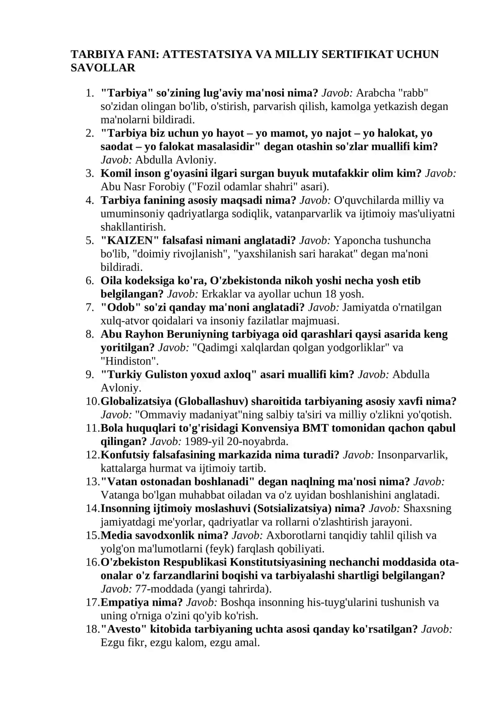 Tarbiya fani: Milliy sertifikat va Attestatsiya savollari. Yangi Test 2026 (500 ta savol-javob) 2