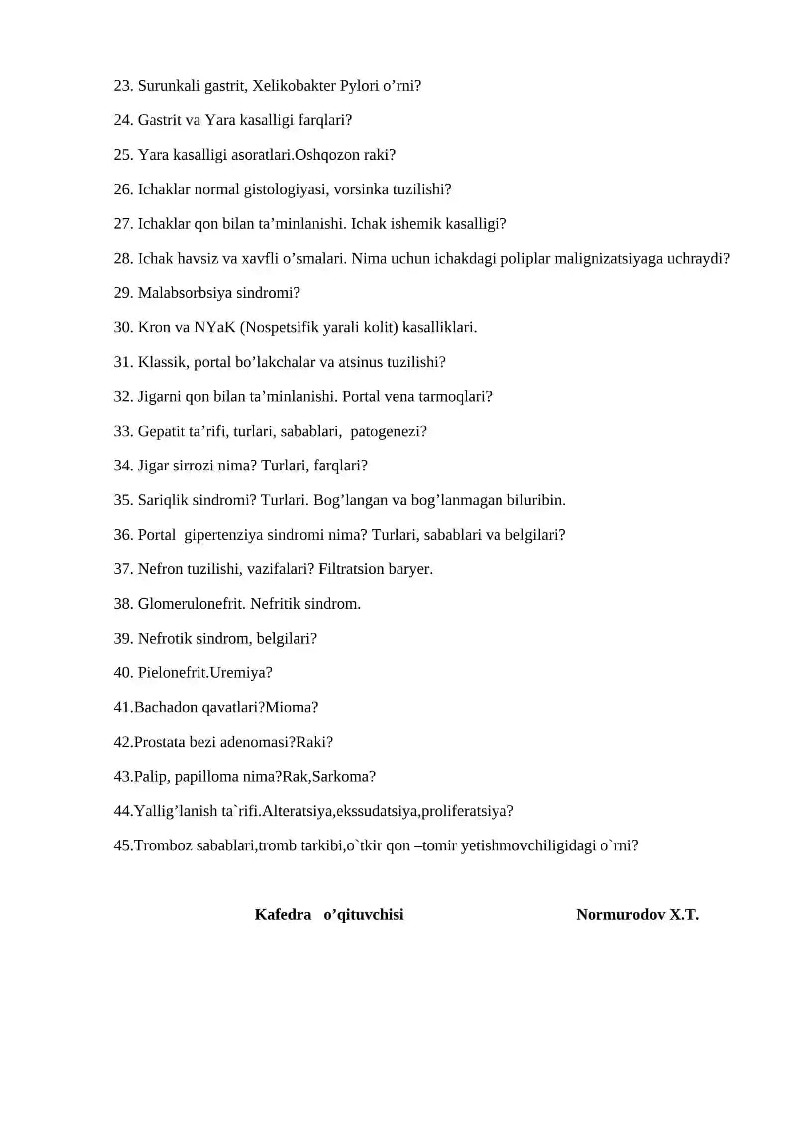 Davolash ishi: Patologik Anatomiyadan Yakuniy nazorat Savollari 2