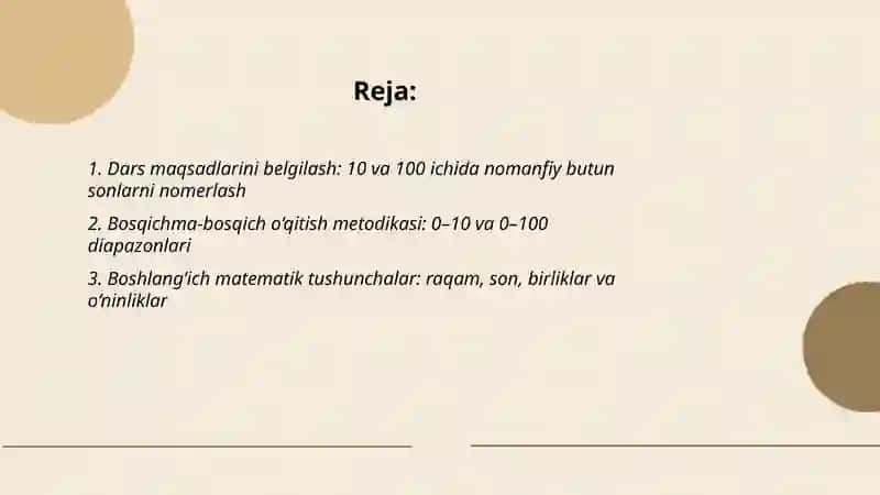 10 va 100 ichida nomanfiy butun sonlarni nomerlashga o‘rgatish metodikasi 2