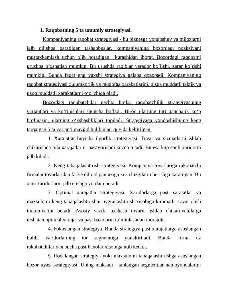 Raqobatchilikning umumiy strategiyalari 2
