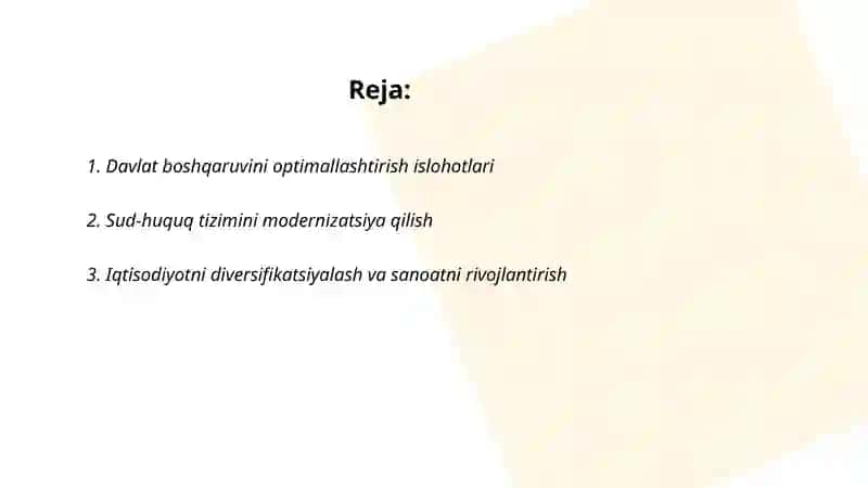 Yangi Oʻzbekistonda Prezident Sh. M.Mirziyoyev rahbarligi va tashabbusi ostida amalga oshirilayotgan islohotlar 2