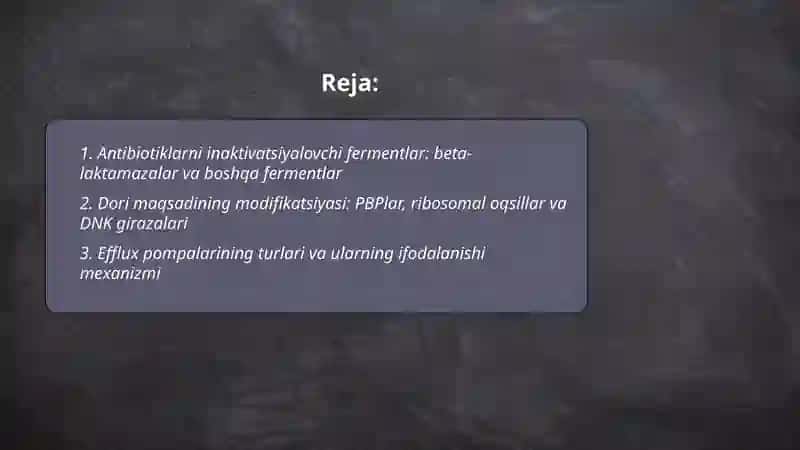 Kimyoterapevtik preparatlar va antibiotiklarga bakteriyalarning chidamli shtammlarining shakllanish mexanizmlari 2