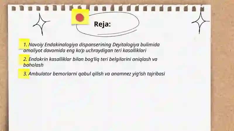 Navoiy Endakinalogiya dispanserining Deyitalogiya bulimida amaliyotimni utayapman 2