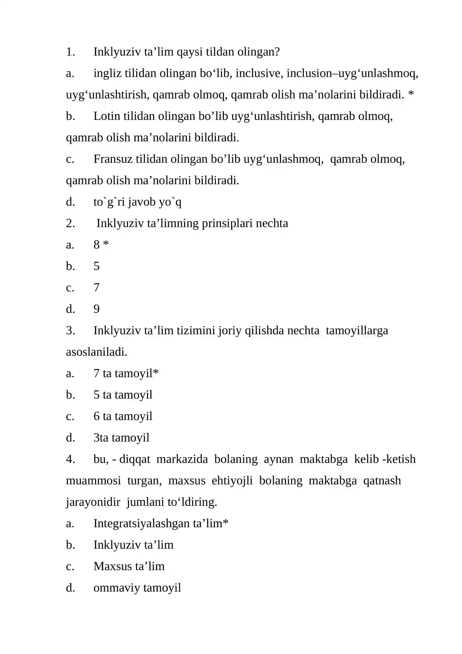 INKLYUZIV TA’LIM FANIDAN TESTLAR 2