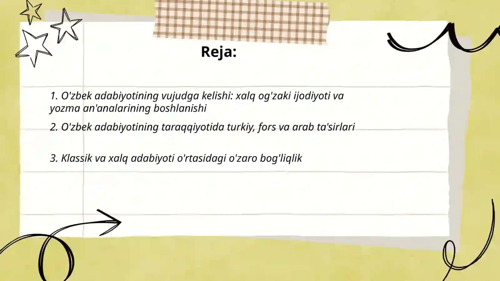 O'zbek adabiyotining vujudga kelishi va taraqqiyoti xususiyatlari. A.Avloniyning Pedagogik faoliyati 2