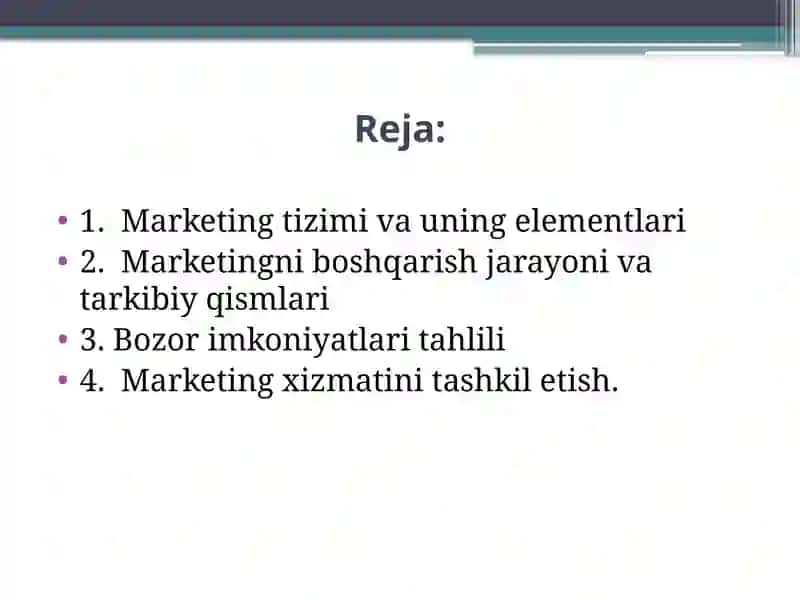 MARKETINGNI TARKIBIY TUZILISHI VA UNI BOSHQARISHNI TASHKIL ETISH 2