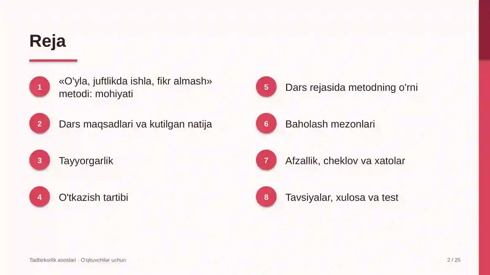 tadbirkorlik asoslari darslarida o'yla juftlikda ishla fikr almash metodidan foydalanish 4533 2