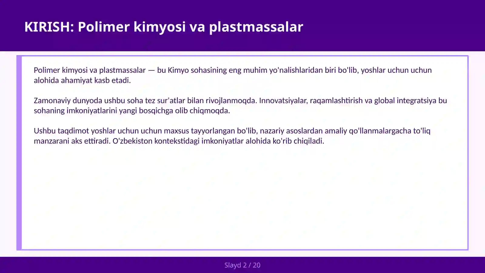 POLIMER KIMYOSI VA PLASTMASSALAR 2