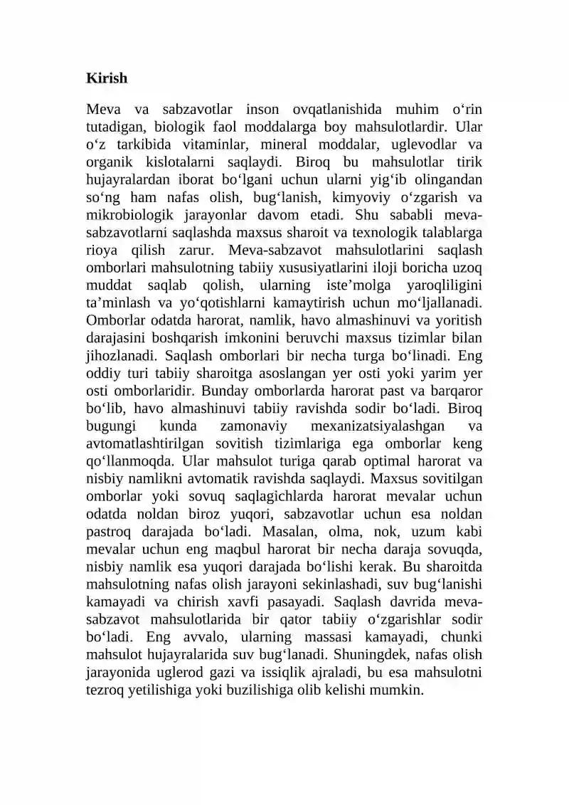 Meva-sabzavot mahsulotlarini saqlash omborlari, saqlash davrida sodir bo’ladigan o’zgarishlar. 2
