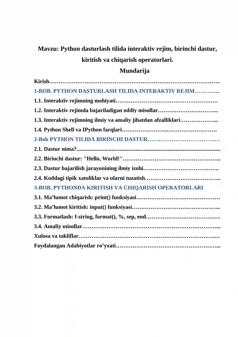 Python dasturlash tilida interaktiv rejim, birinchi dastur, kiritish va chiqarish operatorlari 2