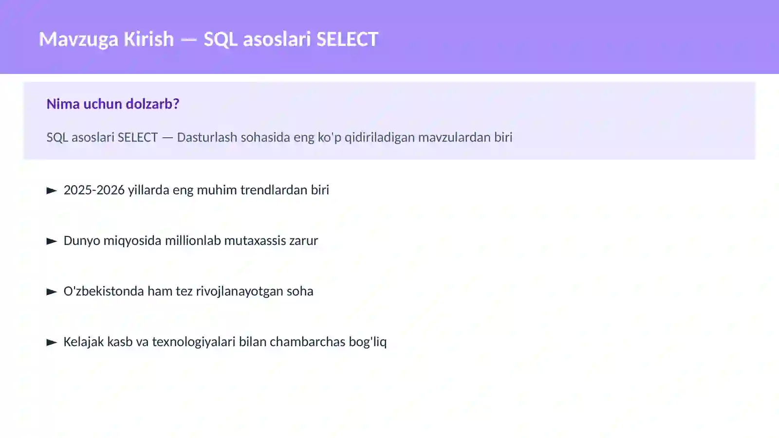 SQL asoslari SELECT 2
