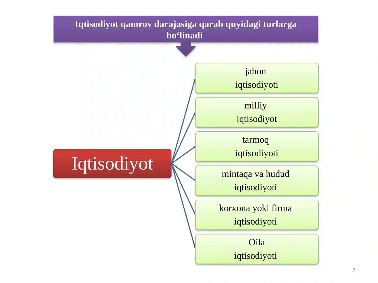 Iqtisodiyot  qamrov  darajasiga  qarab  quyidagi  turlarga  bo‘linadi 2