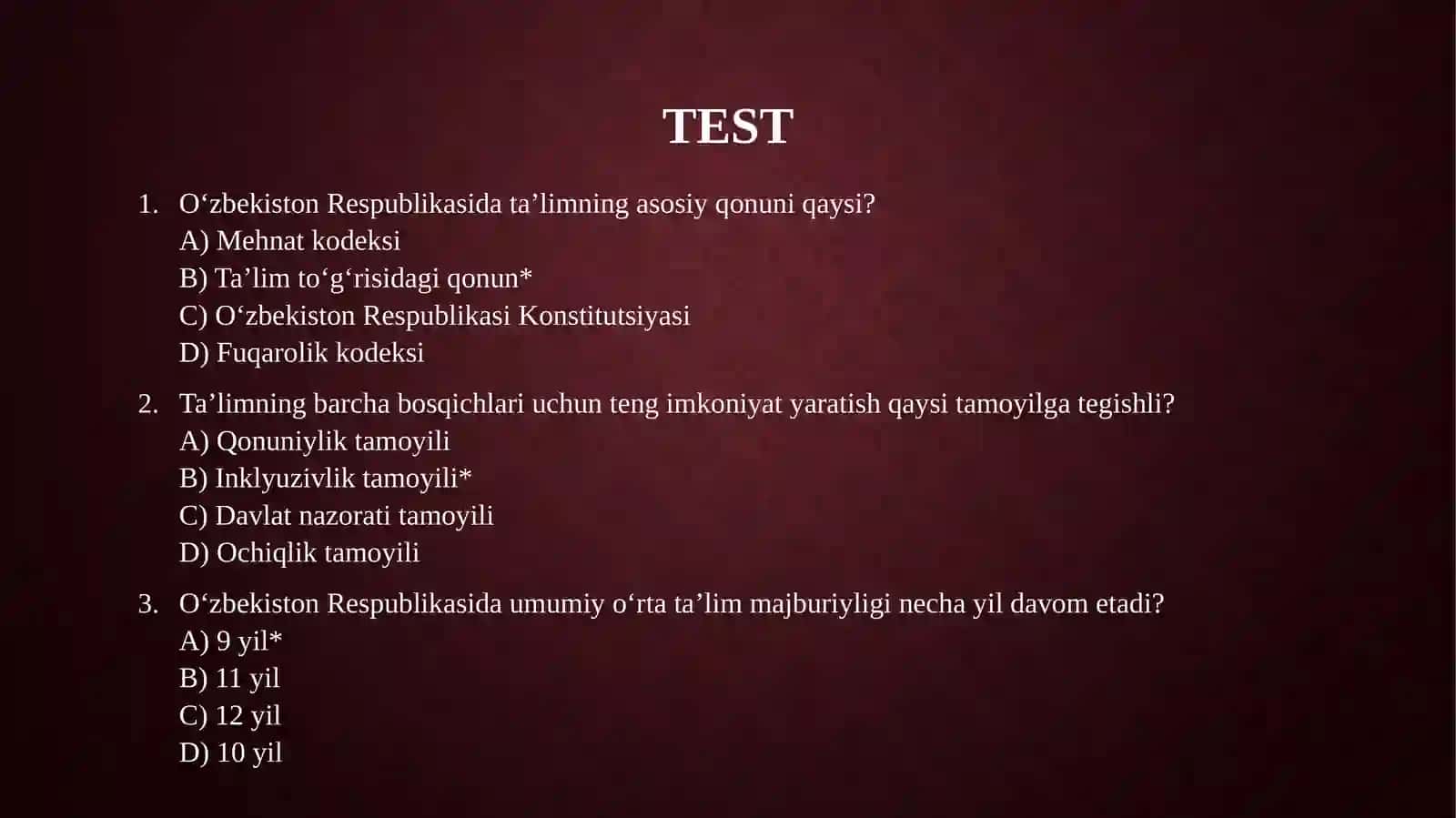 TA'LIM TO'G'RISIDAGI QONUNLARINI VA TAMOYILLARINI O'RGANISH 2