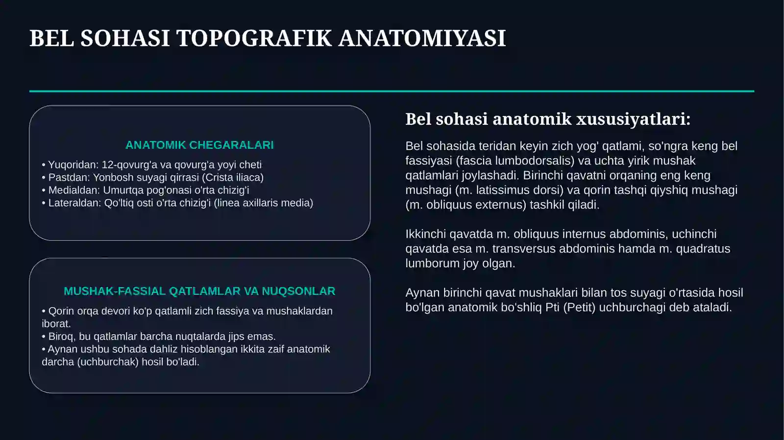 PTI UCHBURCHAGI VA BEL SOHASI CHURRALARI — ANATOMIYASI, TASHXISI VA DAVOLASH | 15 SLAYDLI TAQDIMOT 2