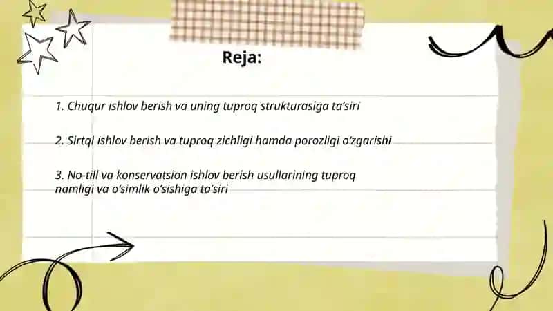 yerga asosiy ishlov berish usullarining tuproq xususiyatlari va oʻsimliklar oʻsishi hamda rivojlanishiga taʼsiri 2
