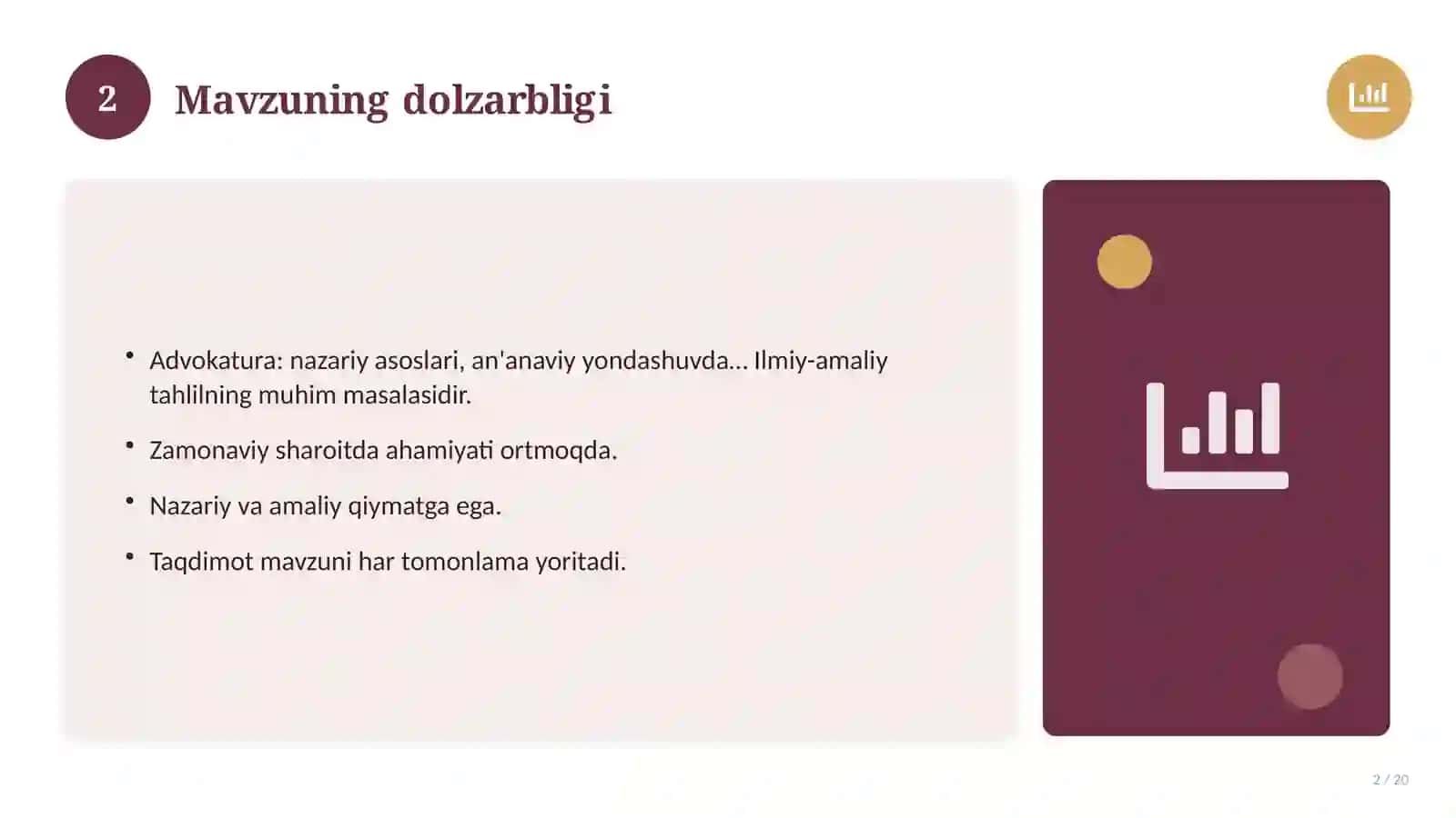 Advokatura: nazariy asoslari, an'anaviy yondashuvda (Magistrlik dissertatsiyasi mavzusi) 2