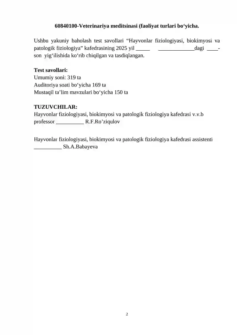 Yakuniy test savollari - Hayvonlar fiziologiyasi 2