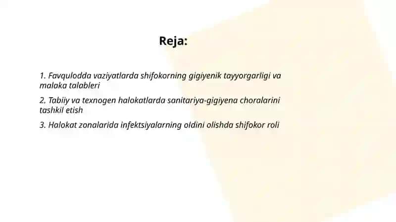 Favqulotda vaziyatlar va halokatlarda shifokor ishining gigiyenik jihatlari 2