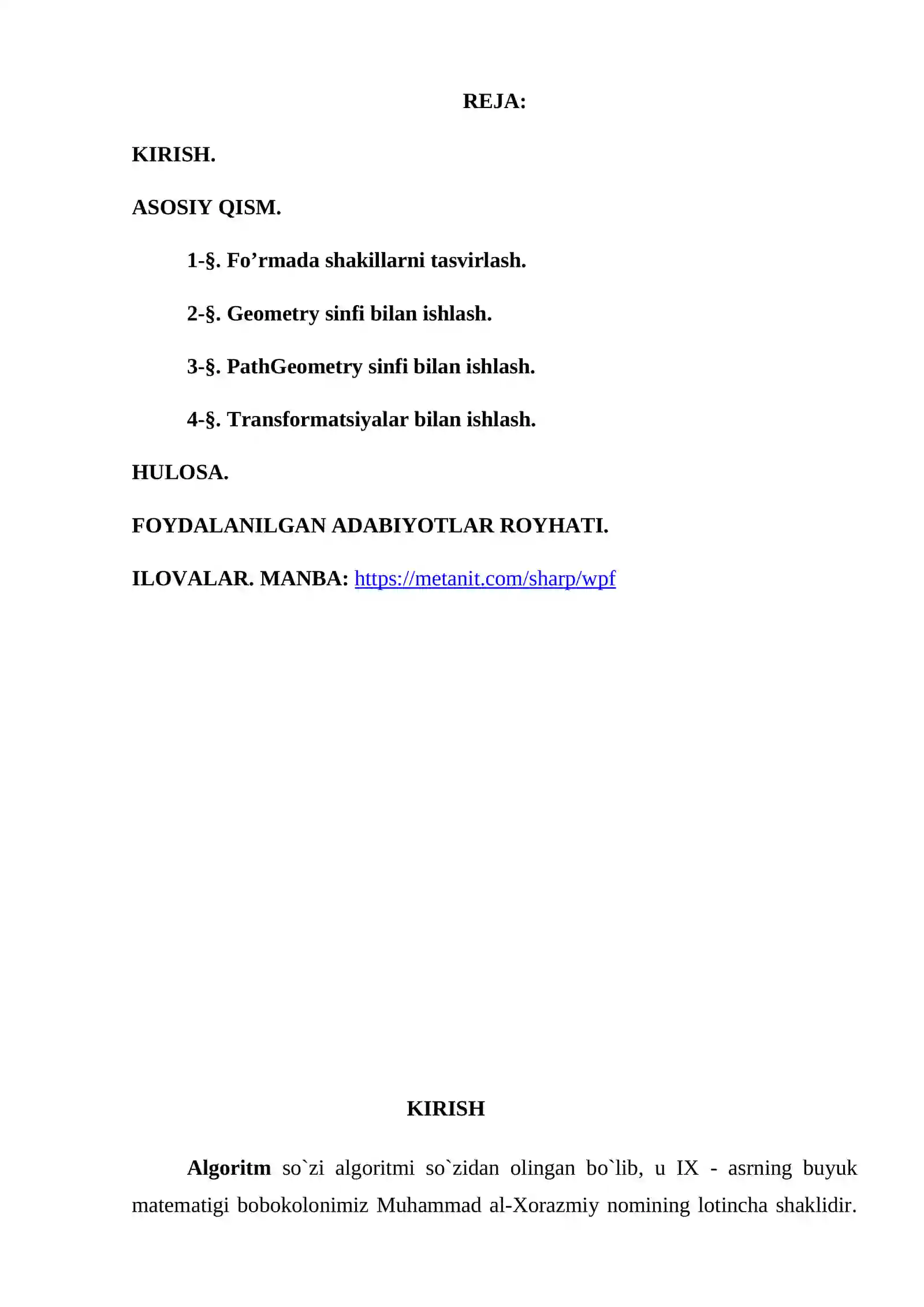 KURS ISHI "WPF da grafika bilan ishlash" 2