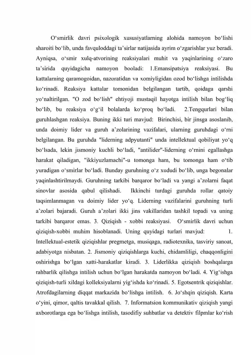 O‘smirlik xulq-atvorining reaksiyalari va deviant xulq-atvor klassifikatsiyasi O‘smirlarda xarakter aksentuatsiyasi 2